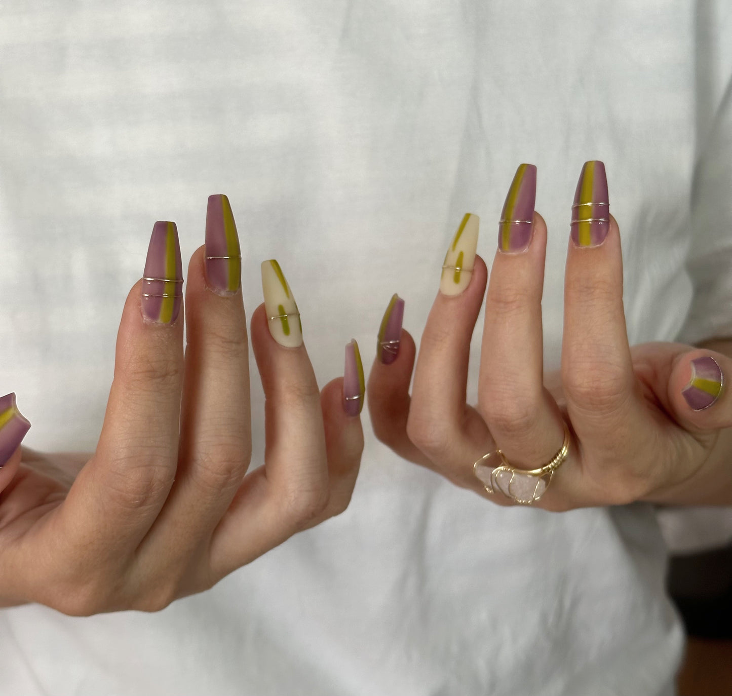 Purple Green Ombre Handmade Mid-Trapezoid Press-On Nails | Elegant French Design with Graceful Gold Accents