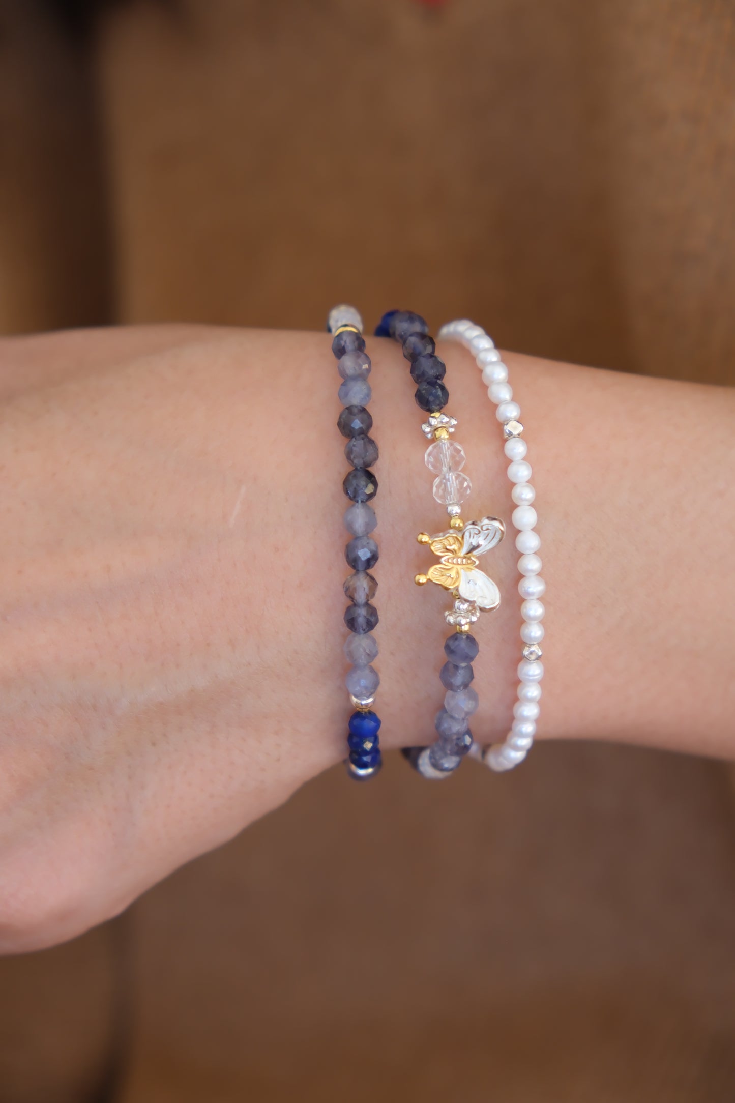 Lapis Lazuli Butterfly Bracelet – Triple-Layer Elegance
