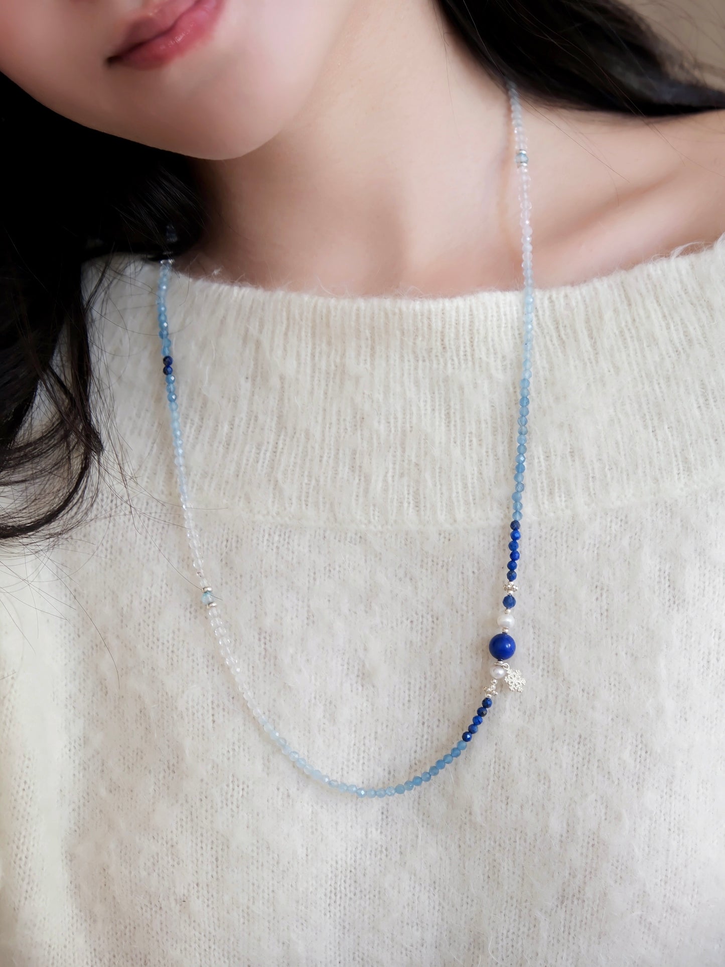 Frozen-Inspired Blue White Crystal Long Necklace – Icy Elegance