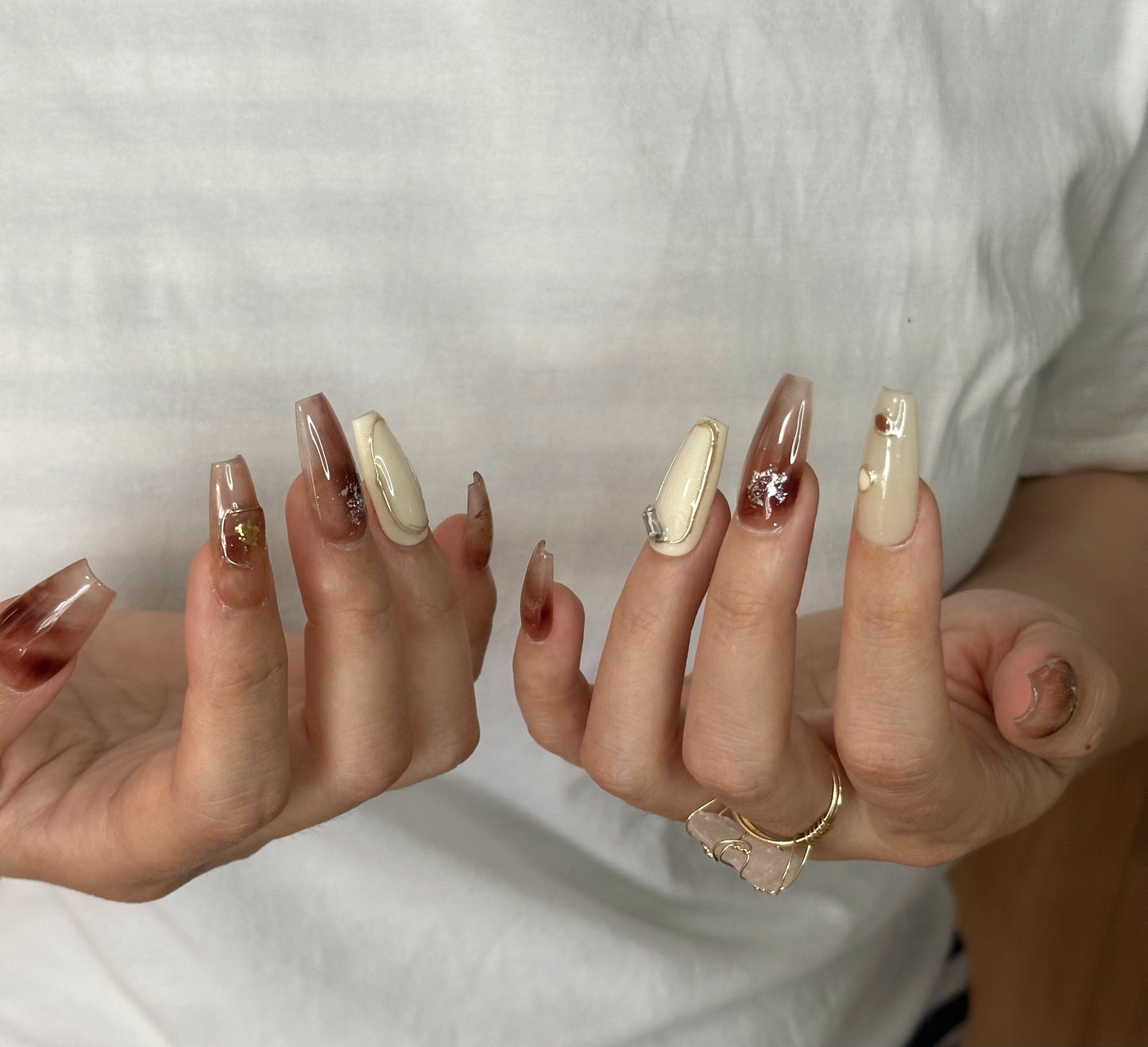 Amber Fade Rectangle Gems Handmade Mid-Trapezoid Press-On Nails | Minimalist Elegance in Amber and Off-White