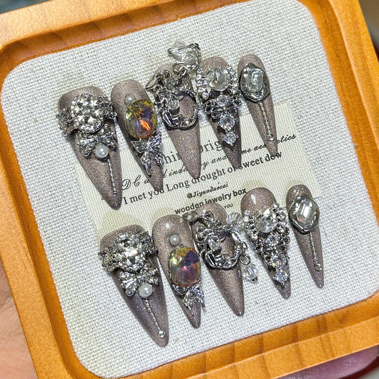 CyberQueen Silver Stiletto Nails