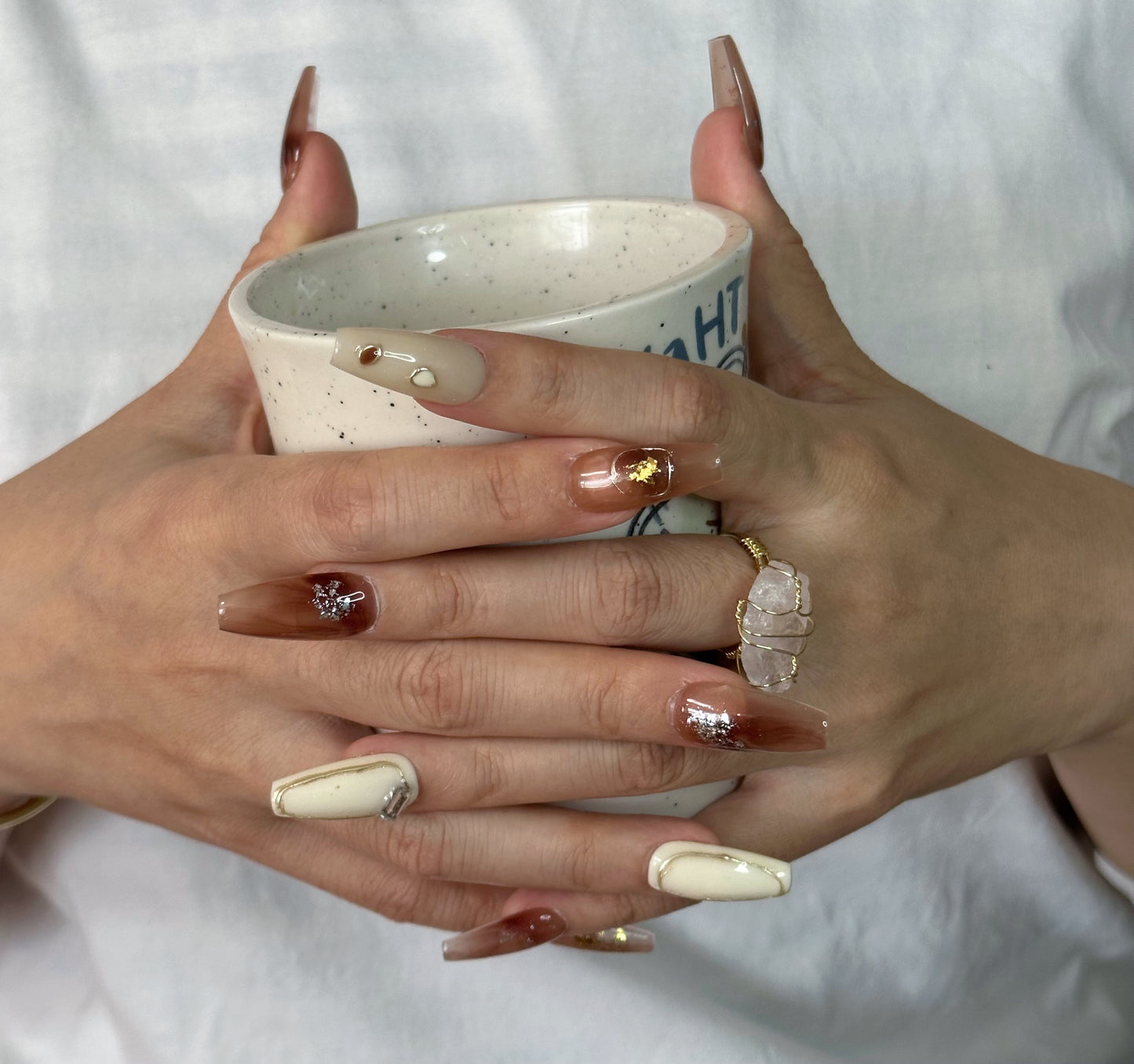 Amber Fade Rectangle Gems Handmade Mid-Trapezoid Press-On Nails | Minimalist Elegance in Amber and Off-White