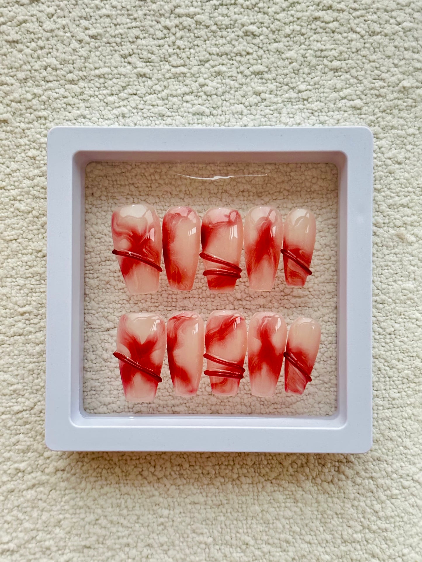 Crimson Embrace Handmade Mid-Trapezoid Press-On Nails | Gentle Feminine Design with Nude Base and Red Accents