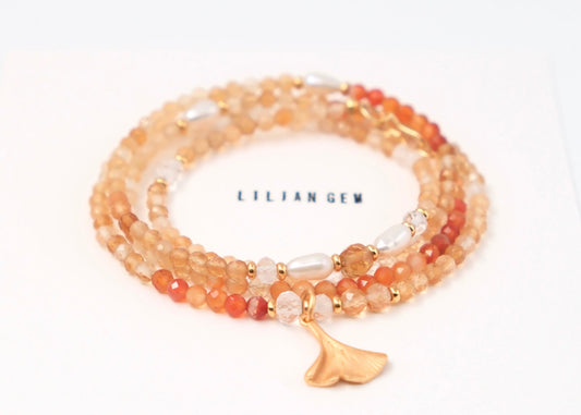 Collier long en feuille d'érable dorée et citrine – Éclat d'automne