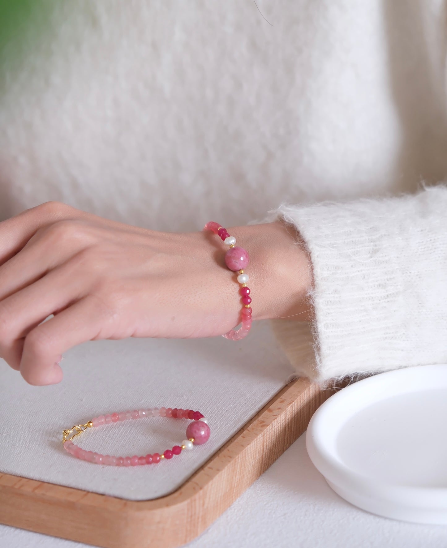 Bracelet dégradé de quartz rose – Fleur de printemps