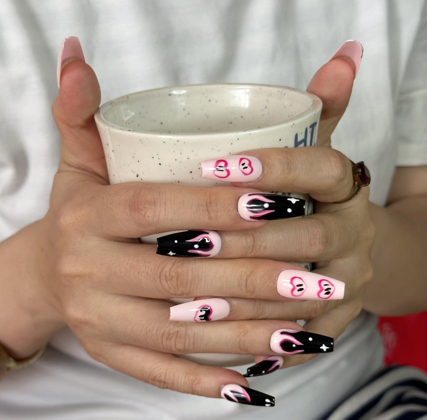 Love Flame Handmade Mid-Trapezoid Press-On Nails | Sweet and Edgy Pink, Black, and Red Design