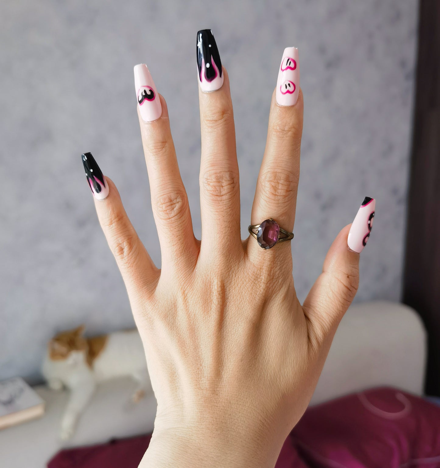 Love Flame Handmade Mid-Trapezoid Press-On Nails | Sweet and Edgy Pink, Black, and Red Design