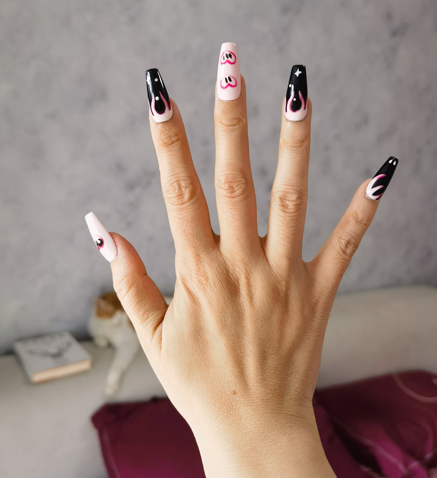 Love Flame Handmade Mid-Trapezoid Press-On Nails | Sweet and Edgy Pink, Black, and Red Design