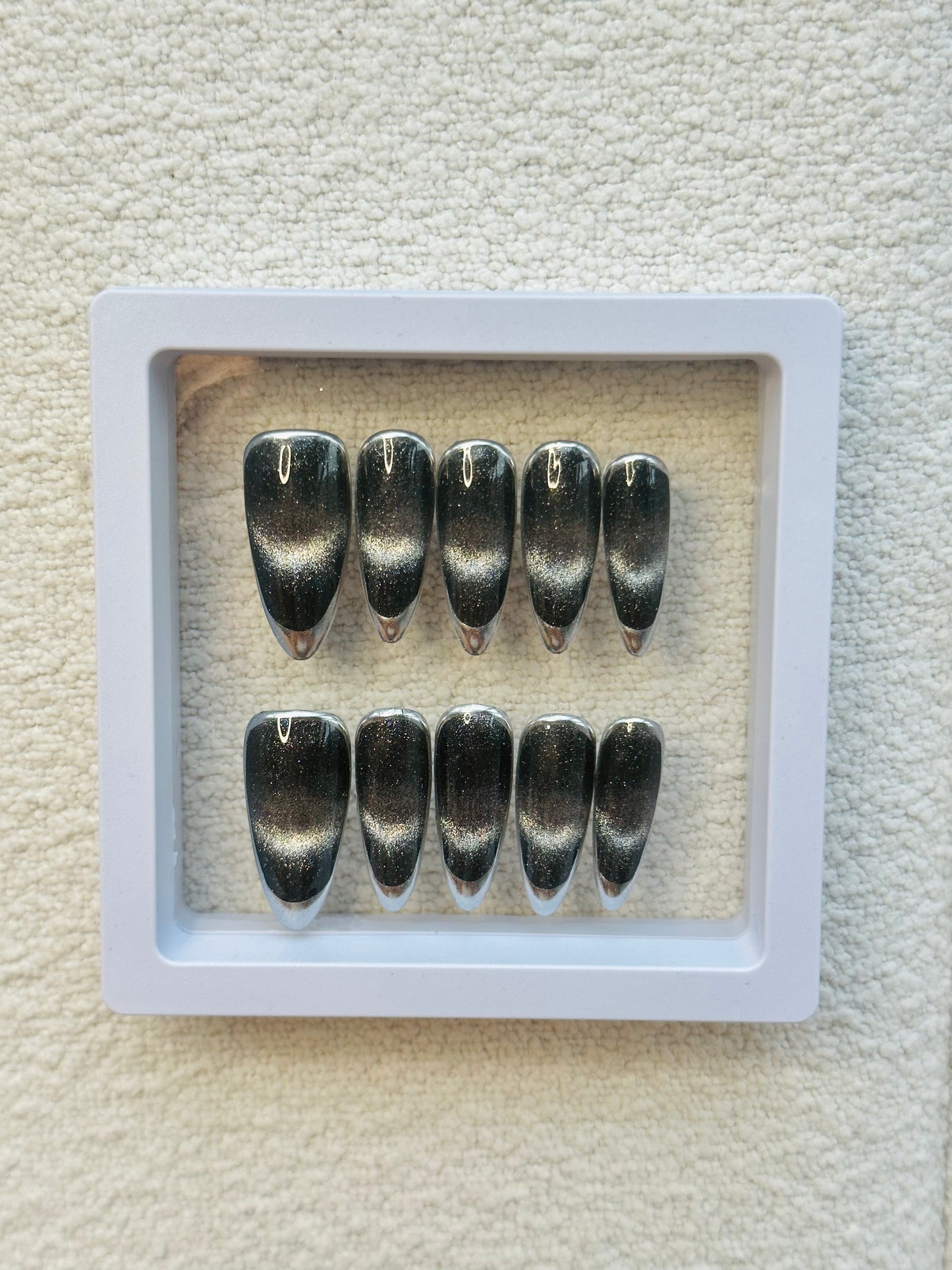 Almond French Black Cat Eye Handmade Press-On Nails | Punk-Inspired Black and Silver Design