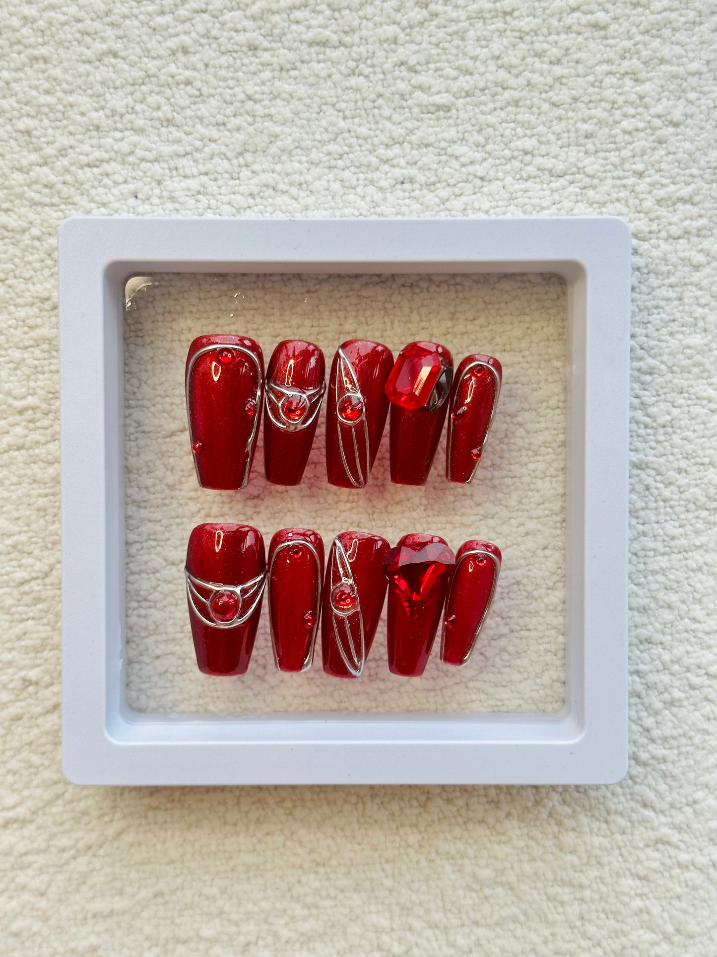 Flaming Love Hearts Handmade Mid-Trapezoid Press-On Nails | Passionate Red with Heart Diamonds and Silver Accents