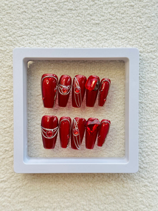 Flaming Love Hearts Handmade Mid-Trapezoid Press-On Nails | Passionate Red with Heart Diamonds and Silver Accents