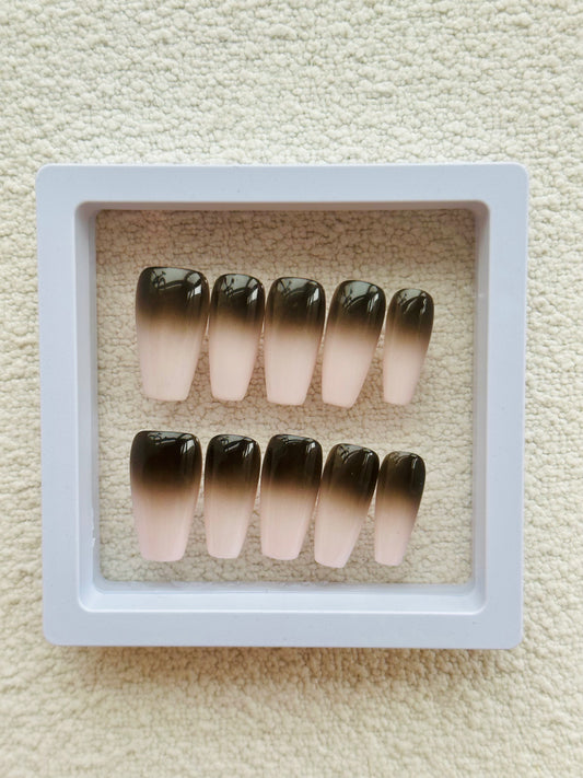 Ongles autocollants mi-trapèzes dégradés rose à noir | Ensemble d'ongles ombrés faits main