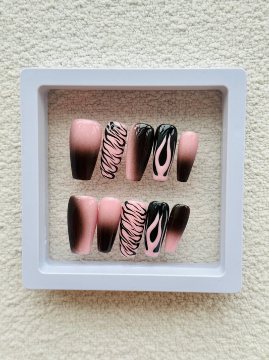 Pink Zebra Flame Mid-Trapezoid Press-On Nails | Handcrafted Coolness
