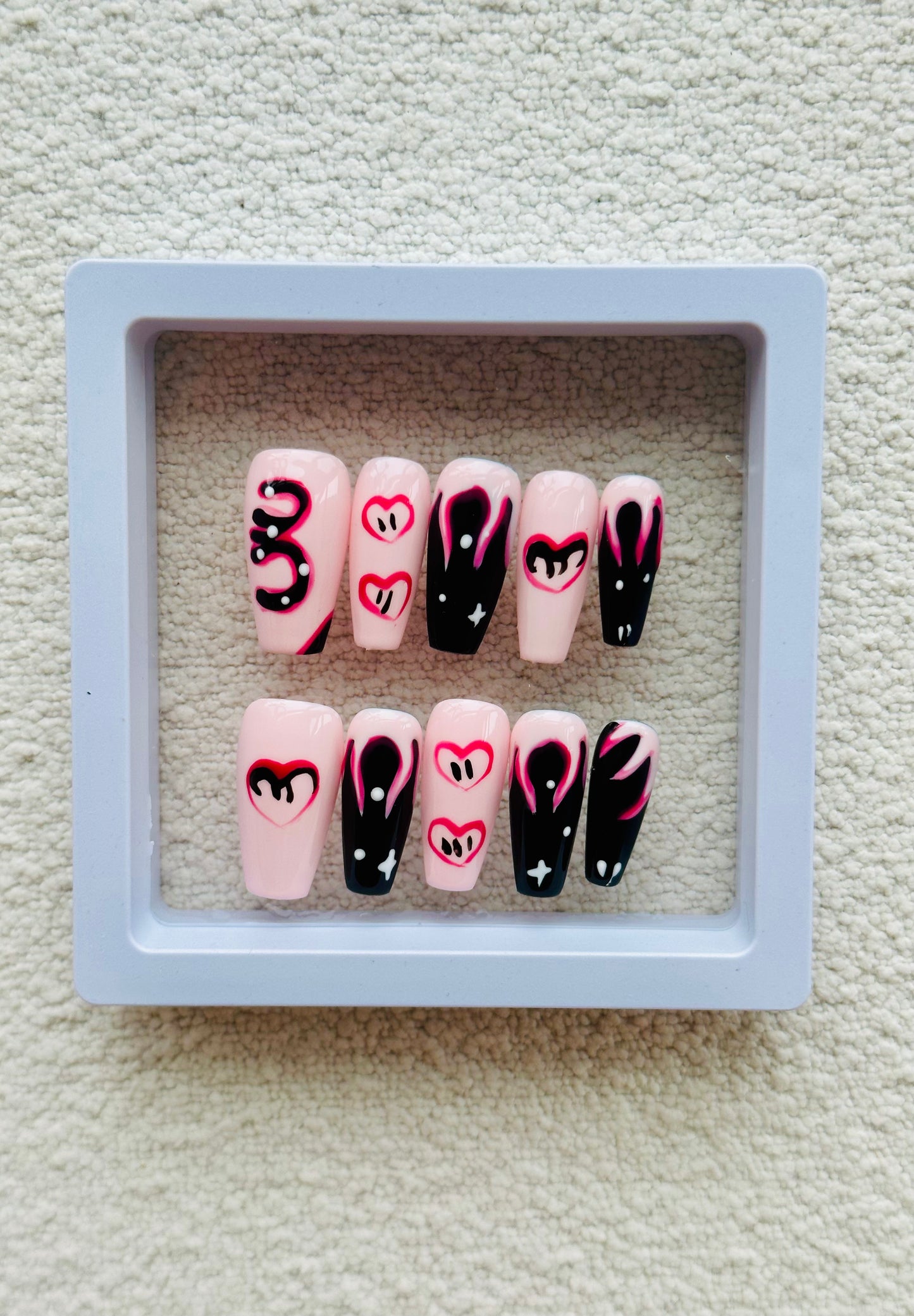 Love Flame Handmade Mid-Trapezoid Press-On Nails | Sweet and Edgy Pink, Black, and Red Design