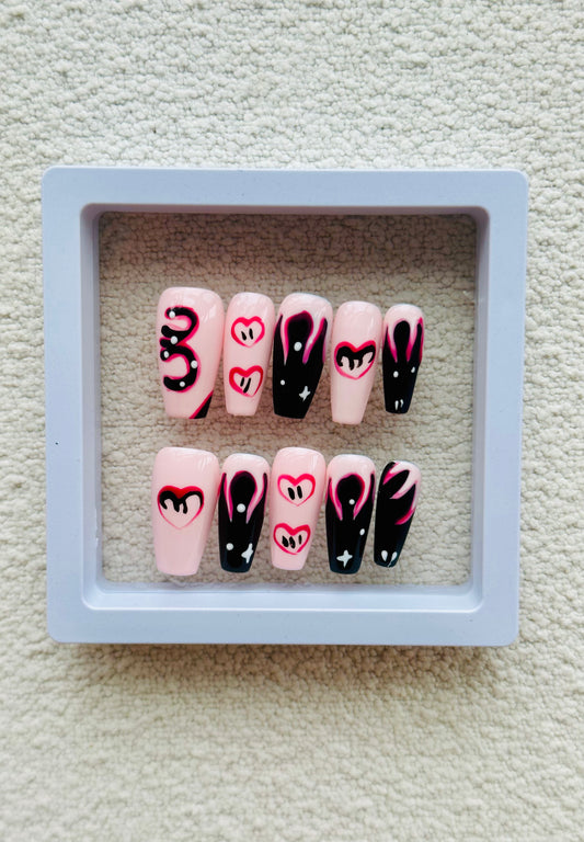 Love Flame Handmade Mid-Trapezoid Press-On Nails | Sweet and Edgy Pink, Black, and Red Design