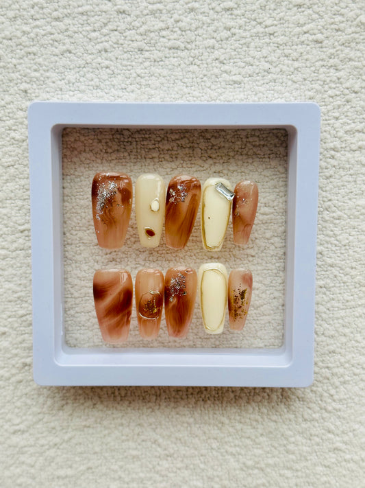 Amber Fade Rectangle Gems Handmade Mid-Trapezoid Press-On Nails | Minimalist Elegance in Amber and Off-White