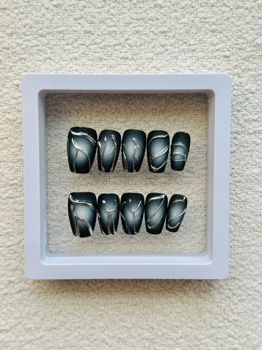 Pulse of the Heart Handmade Mid-Trapezoid Press-On Nails | Stylish Blue-Black with Silver Vein-like Accents