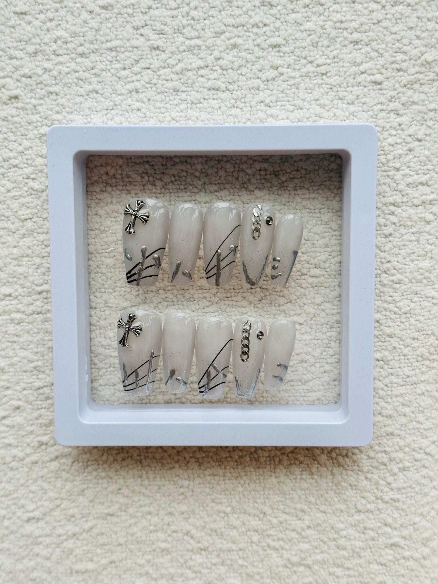 Translucent Gray Chrome Hearts Handmade Long-Trapezoid Press-On Nails | Subtle Personality in Silver Gray