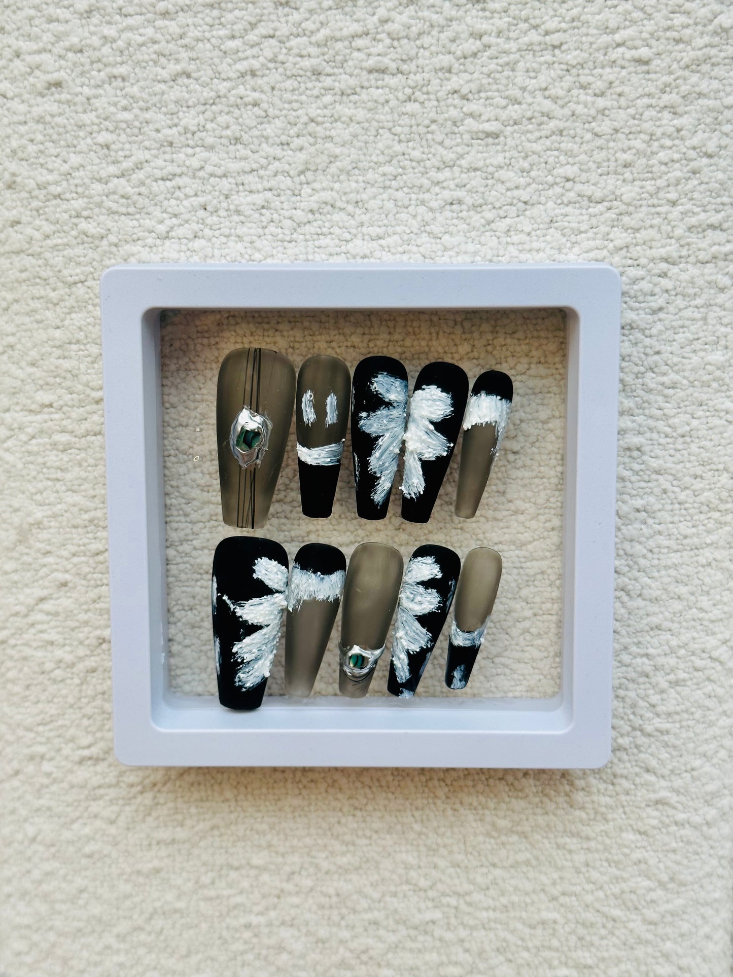 Gypsum Butterfly Handmade Long-Trapezoid Press-On Nails | Subtle Elegance with Monochrome Palette