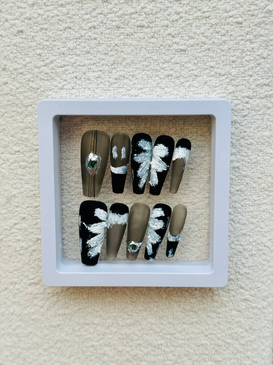 Gypsum Butterfly Handmade Long-Trapezoid Press-On Nails | Subtle Elegance with Monochrome Palette