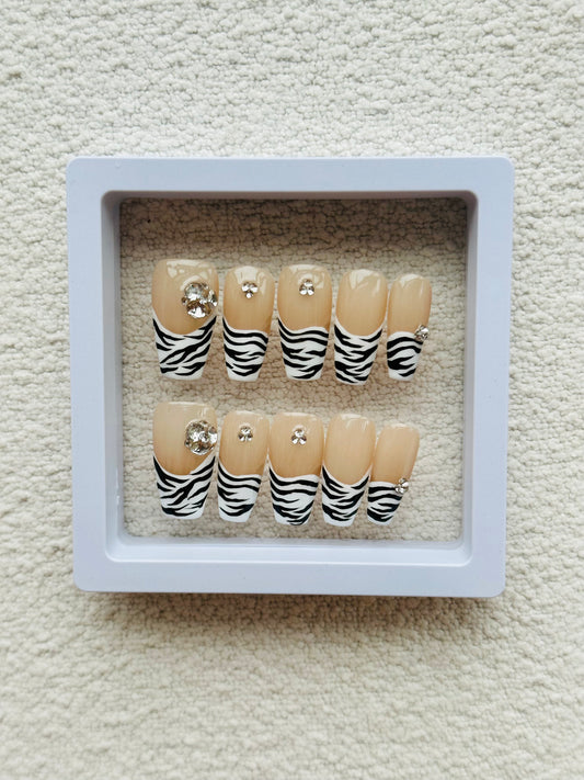 Zebra Print French Handmade Press-On Nails | Classic French Design with a Wild Elegance