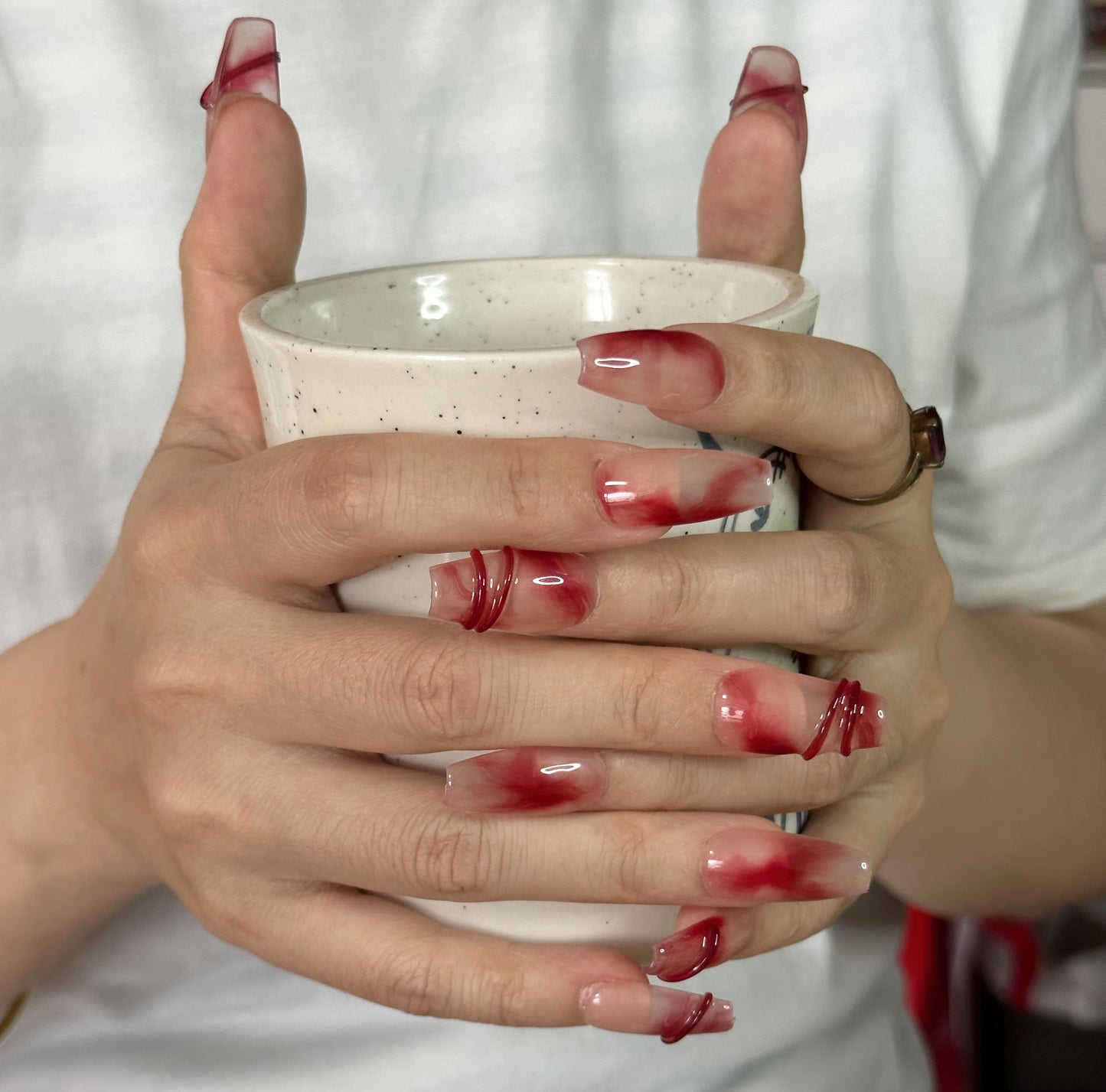 Crimson Embrace Handmade Mid-Trapezoid Press-On Nails | Gentle Feminine Design with Nude Base and Red Accents