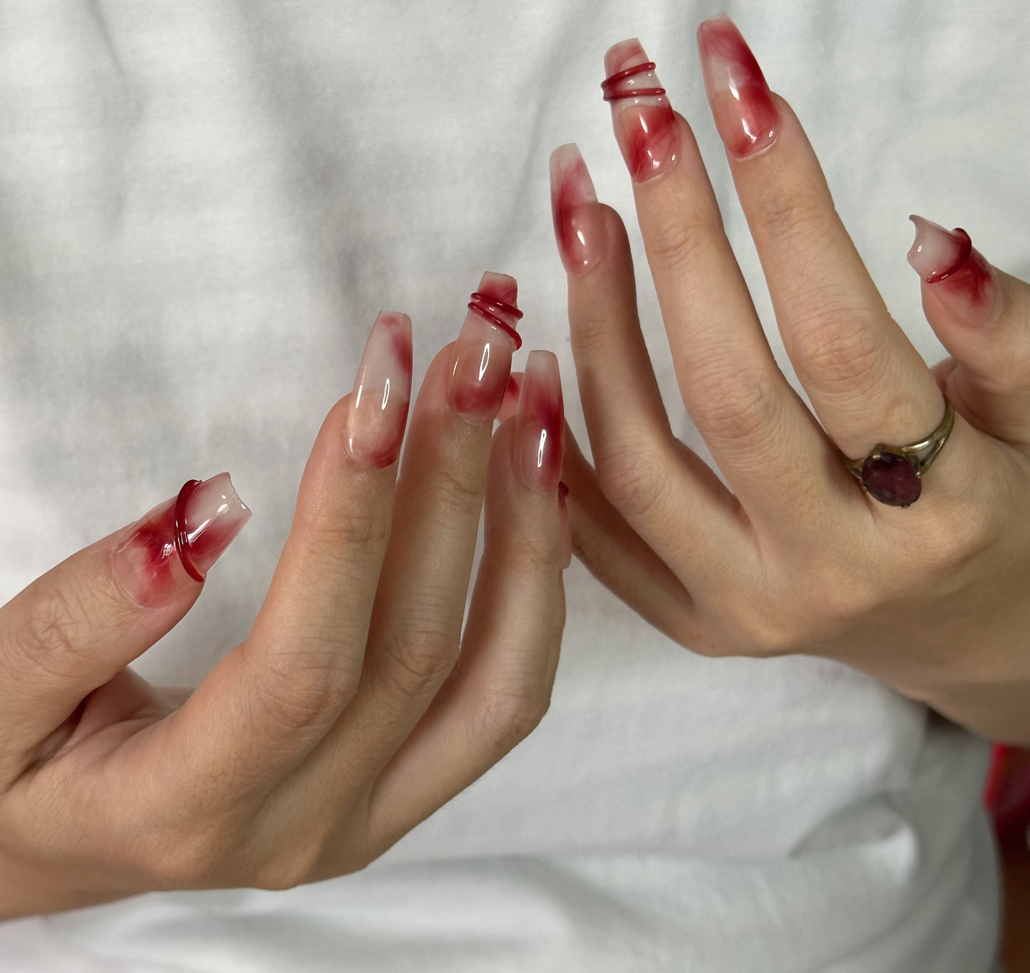 Crimson Embrace Handmade Mid-Trapezoid Press-On Nails | Gentle Feminine Design with Nude Base and Red Accents