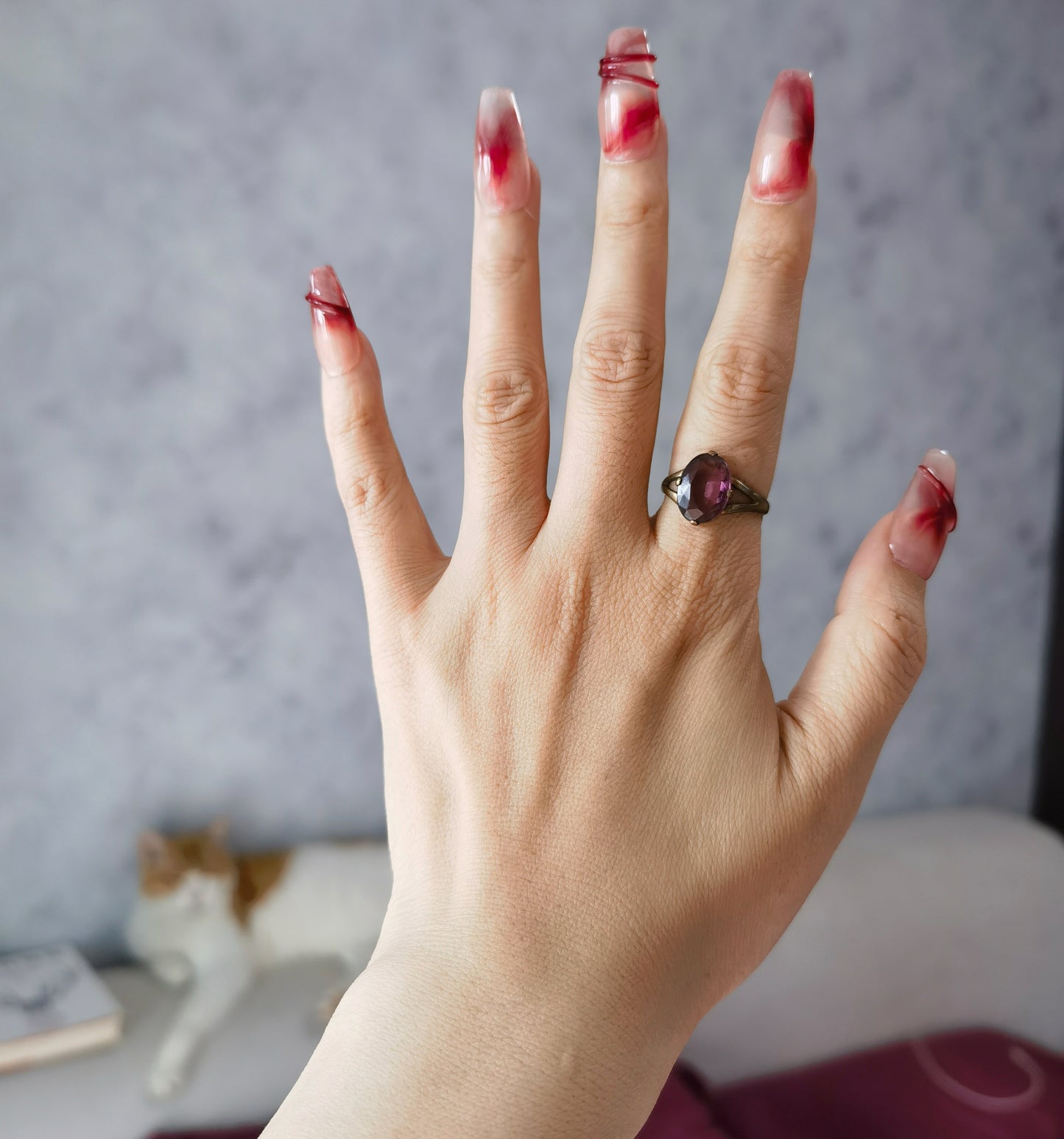 Crimson Embrace Handmade Mid-Trapezoid Press-On Nails | Gentle Feminine Design with Nude Base and Red Accents