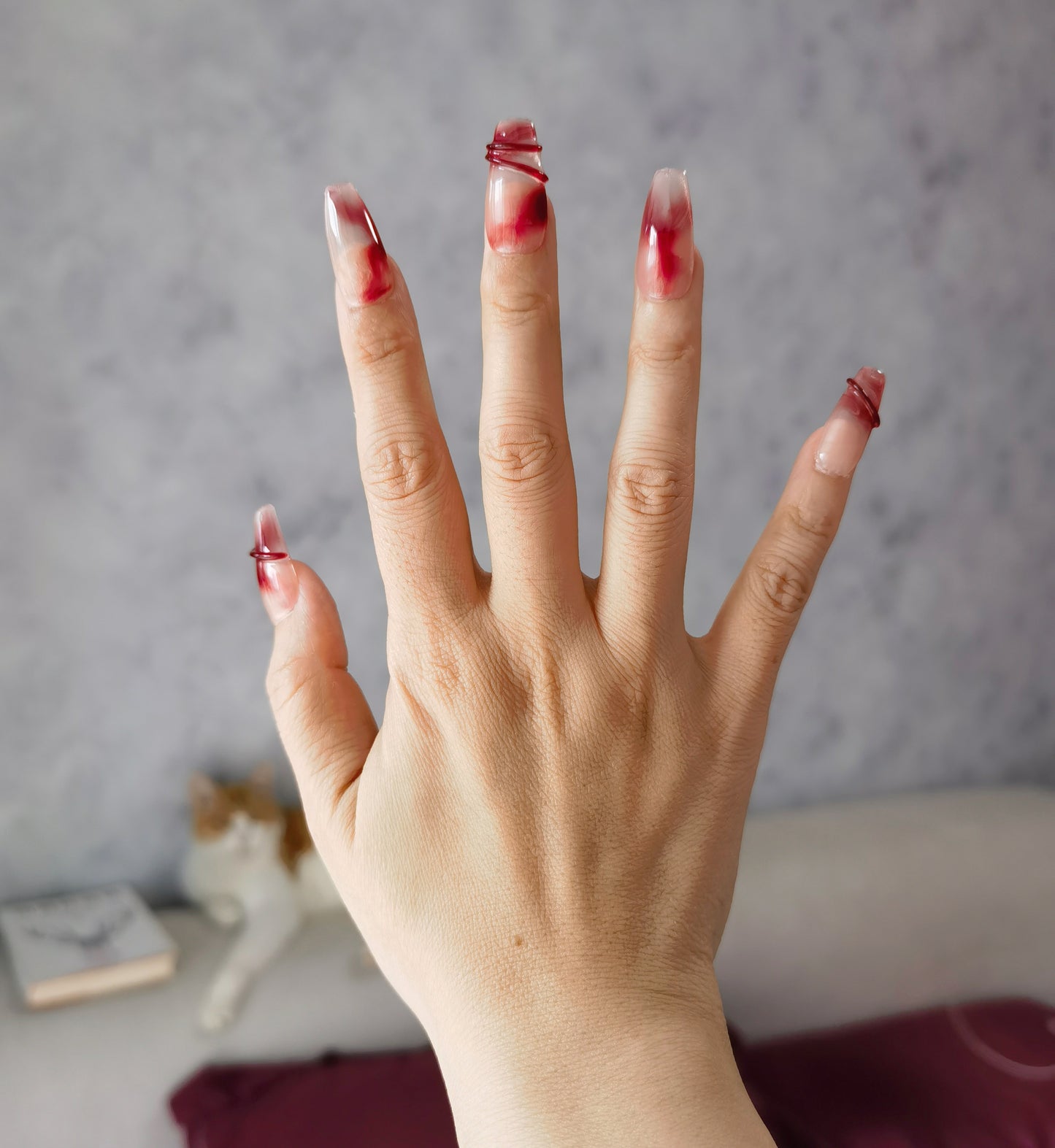 Crimson Embrace Handmade Mid-Trapezoid Press-On Nails | Gentle Feminine Design with Nude Base and Red Accents